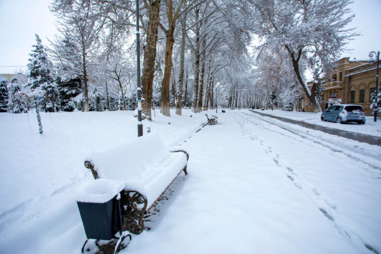 Old concrete steps of the stairs covered with snow during a snowfall.